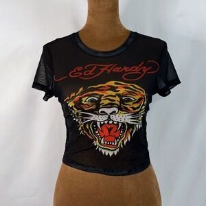 Ed Hardy Mesh Crop Top Womens Small Black Excellent Tiger Graphic Y2K Sheer Tee
